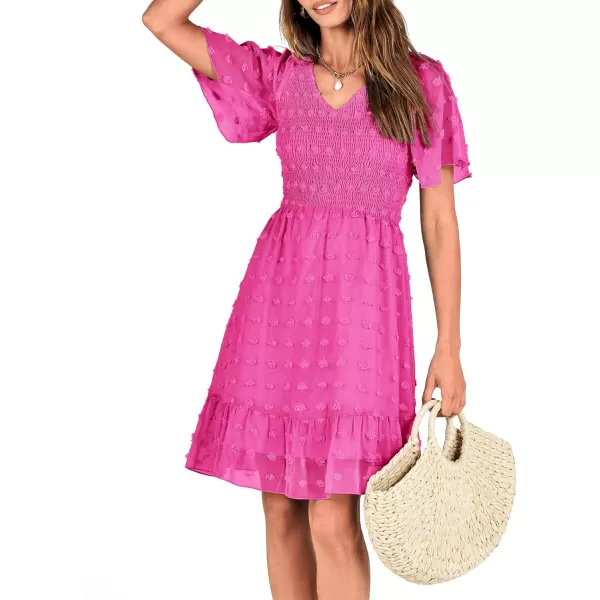 BTFBM Womens V Neck Smocked Short Sleeve Casual Dress Swiss Dot Swing Flowy Ruffle Hem Mini Beach Summer Dresses 2024Swiss Dot Rose Red
