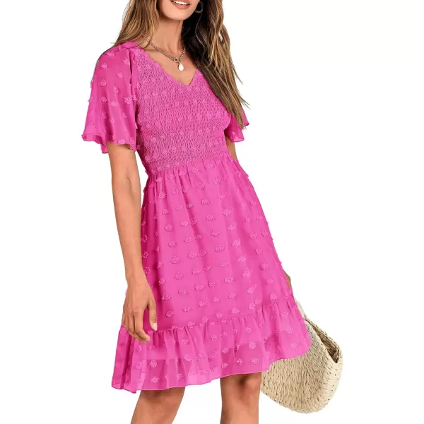 BTFBM Womens V Neck Smocked Short Sleeve Casual Dress Swiss Dot Swing Flowy Ruffle Hem Mini Beach Summer Dresses 2024Swiss Dot Rose Red