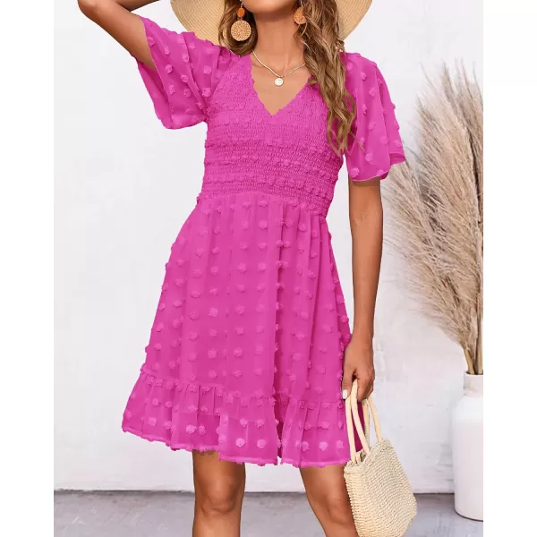 BTFBM Womens V Neck Smocked Short Sleeve Casual Dress Swiss Dot Swing Flowy Ruffle Hem Mini Beach Summer Dresses 2024Swiss Dot Rose Red