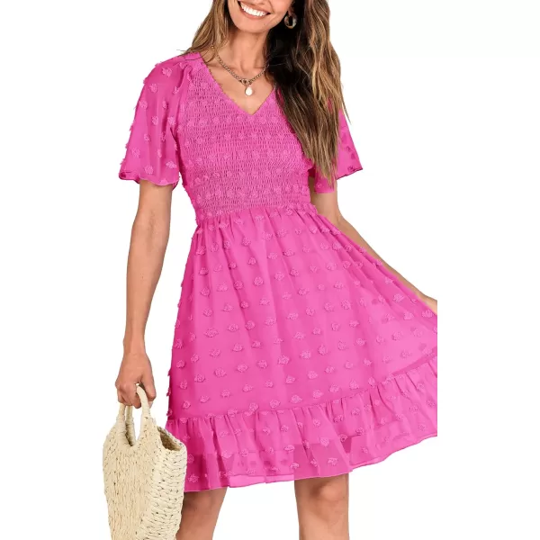BTFBM Womens V Neck Smocked Short Sleeve Casual Dress Swiss Dot Swing Flowy Ruffle Hem Mini Beach Summer Dresses 2024Swiss Dot Rose Red