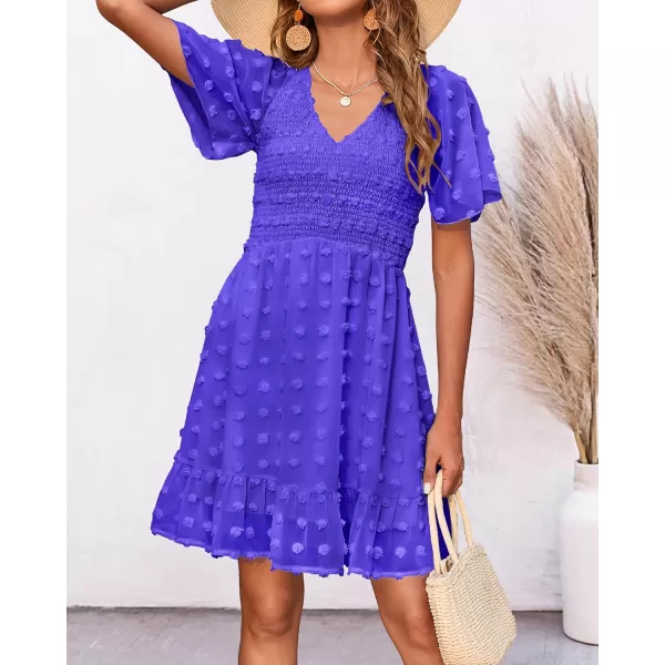 BTFBM Womens V Neck Smocked Short Sleeve Casual Dress Swiss Dot Swing Flowy Ruffle Hem Mini Beach Summer Dresses 2024Swiss Dot Royal Blue