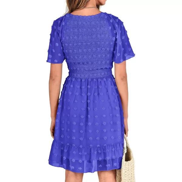 BTFBM Womens V Neck Smocked Short Sleeve Casual Dress Swiss Dot Swing Flowy Ruffle Hem Mini Beach Summer Dresses 2024Swiss Dot Royal Blue