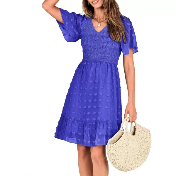 BTFBM Womens V Neck Smocked Short Sleeve Casual Dress Swiss Dot Swing Flowy Ruffle Hem Mini Beach Summer Dresses 2024Swiss Dot Royal Blue