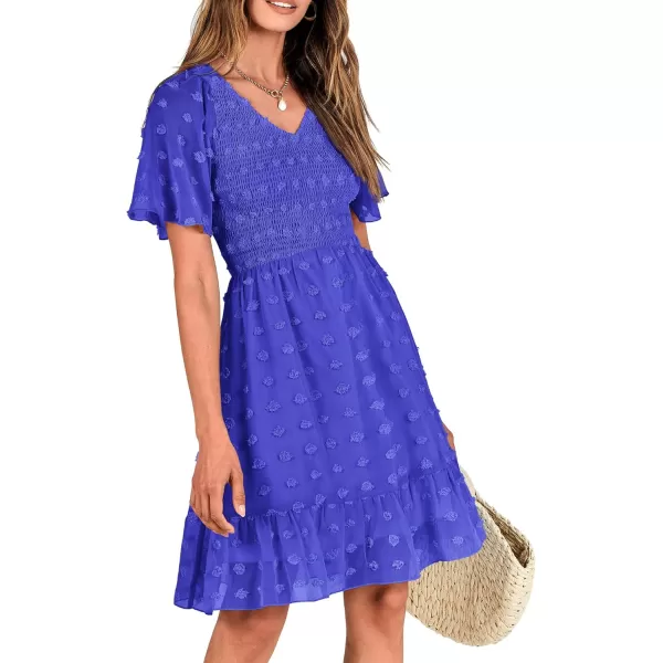 BTFBM Womens V Neck Smocked Short Sleeve Casual Dress Swiss Dot Swing Flowy Ruffle Hem Mini Beach Summer Dresses 2024Swiss Dot Royal Blue