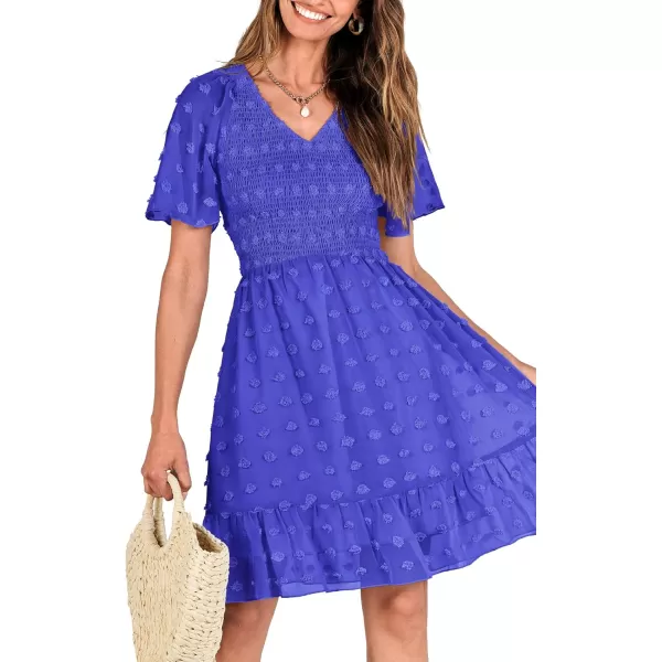 BTFBM Womens V Neck Smocked Short Sleeve Casual Dress Swiss Dot Swing Flowy Ruffle Hem Mini Beach Summer Dresses 2024Swiss Dot Royal Blue