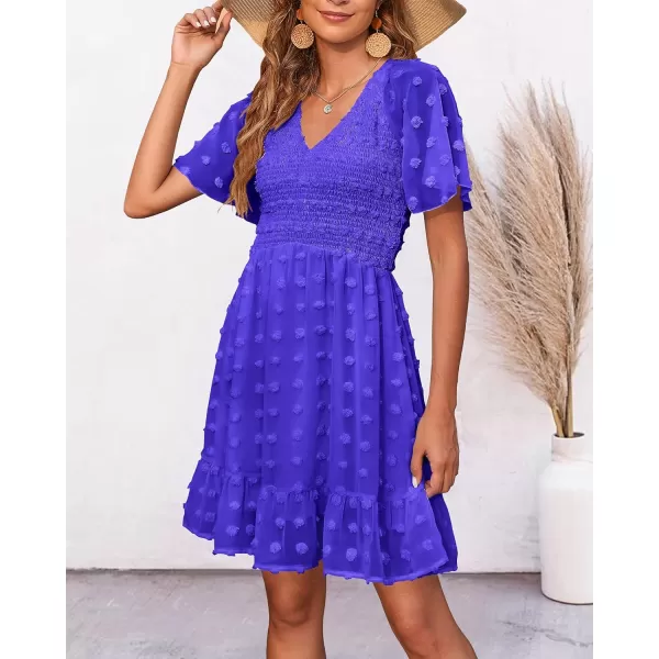 BTFBM Womens V Neck Smocked Short Sleeve Casual Dress Swiss Dot Swing Flowy Ruffle Hem Mini Beach Summer Dresses 2024Swiss Dot Royal Blue