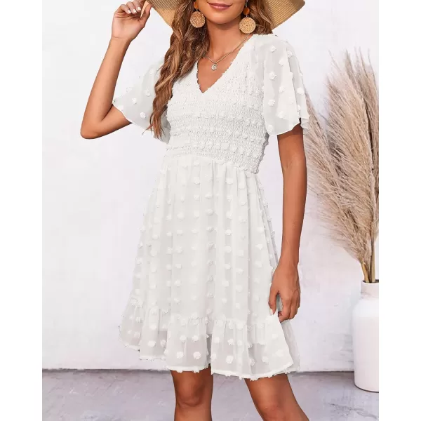 BTFBM Womens V Neck Smocked Short Sleeve Casual Dress Swiss Dot Swing Flowy Ruffle Hem Mini Beach Summer Dresses 2024Swiss Dot White