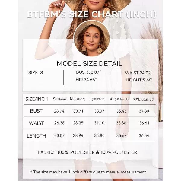 BTFBM Womens V Neck Smocked Short Sleeve Casual Dress Swiss Dot Swing Flowy Ruffle Hem Mini Beach Summer Dresses 2024Swiss Dot White