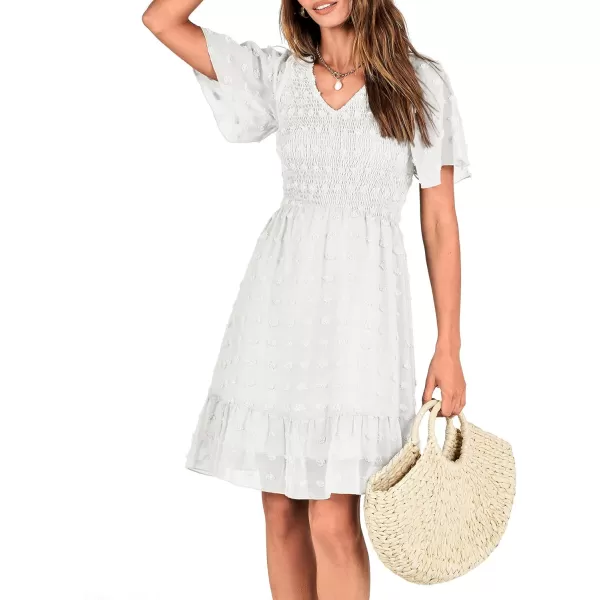 BTFBM Womens V Neck Smocked Short Sleeve Casual Dress Swiss Dot Swing Flowy Ruffle Hem Mini Beach Summer Dresses 2024Swiss Dot White