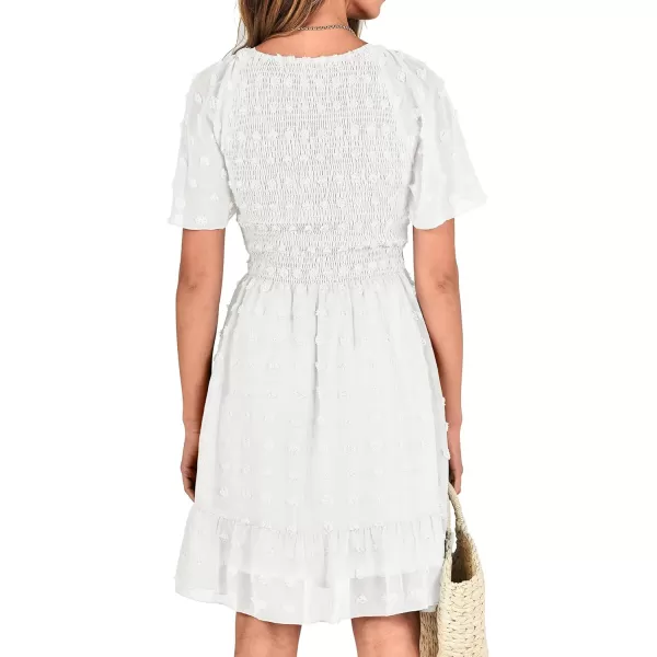 BTFBM Womens V Neck Smocked Short Sleeve Casual Dress Swiss Dot Swing Flowy Ruffle Hem Mini Beach Summer Dresses 2024Swiss Dot White