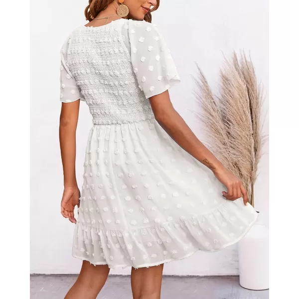 BTFBM Womens V Neck Smocked Short Sleeve Casual Dress Swiss Dot Swing Flowy Ruffle Hem Mini Beach Summer Dresses 2024Swiss Dot White