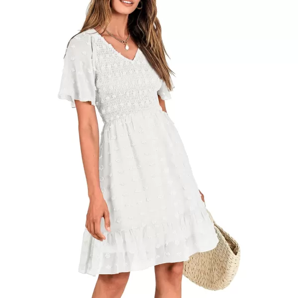 BTFBM Womens V Neck Smocked Short Sleeve Casual Dress Swiss Dot Swing Flowy Ruffle Hem Mini Beach Summer Dresses 2024Swiss Dot White