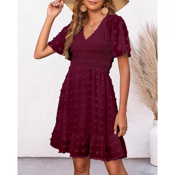BTFBM Womens V Neck Smocked Short Sleeve Casual Dress Swiss Dot Swing Flowy Ruffle Hem Mini Beach Summer Dresses 2024Swiss Dot Wine Red