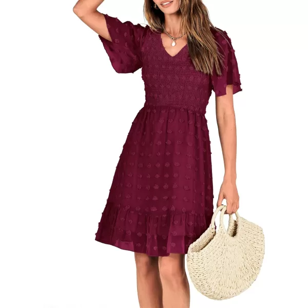 BTFBM Womens V Neck Smocked Short Sleeve Casual Dress Swiss Dot Swing Flowy Ruffle Hem Mini Beach Summer Dresses 2024Swiss Dot Wine Red