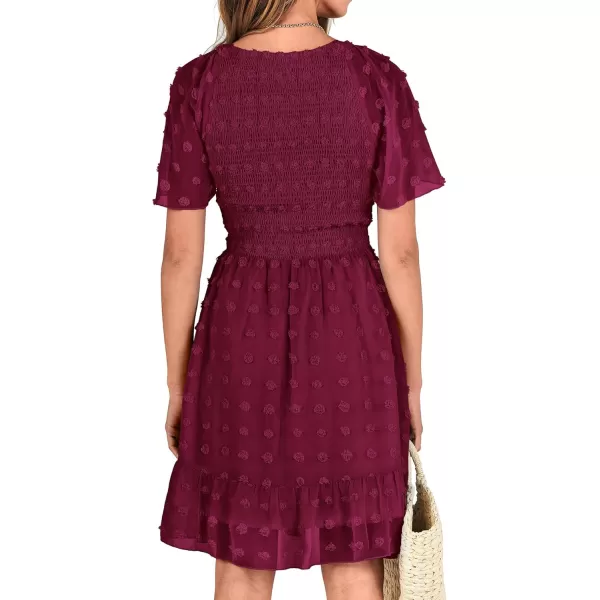 BTFBM Womens V Neck Smocked Short Sleeve Casual Dress Swiss Dot Swing Flowy Ruffle Hem Mini Beach Summer Dresses 2024Swiss Dot Wine Red