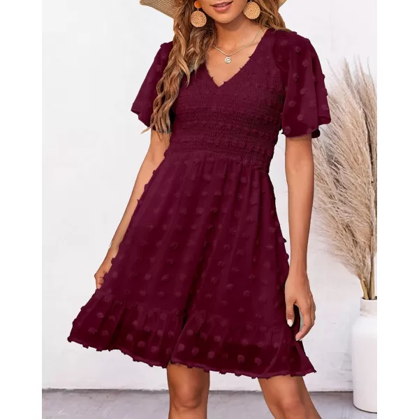 BTFBM Womens V Neck Smocked Short Sleeve Casual Dress Swiss Dot Swing Flowy Ruffle Hem Mini Beach Summer Dresses 2024Swiss Dot Wine Red