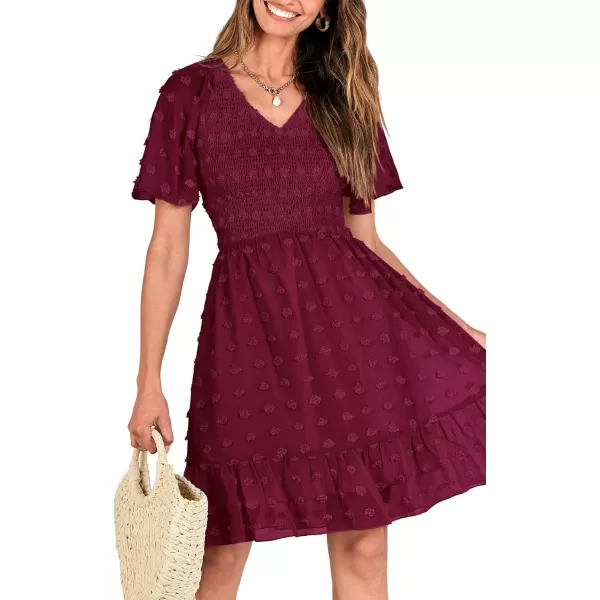 BTFBM Womens V Neck Smocked Short Sleeve Casual Dress Swiss Dot Swing Flowy Ruffle Hem Mini Beach Summer Dresses 2024Swiss Dot Wine Red