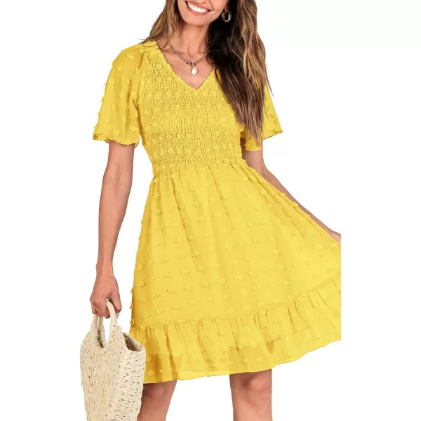 BTFBM Womens V Neck Smocked Short Sleeve Casual Dress Swiss Dot Swing Flowy Ruffle Hem Mini Beach Summer Dresses 2024Swiss Dot Yellow