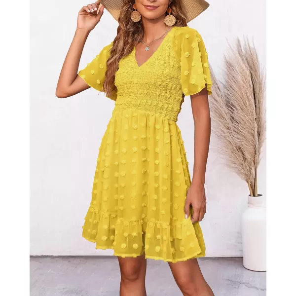 BTFBM Womens V Neck Smocked Short Sleeve Casual Dress Swiss Dot Swing Flowy Ruffle Hem Mini Beach Summer Dresses 2024Swiss Dot Yellow