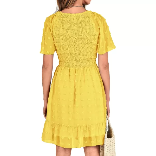 BTFBM Womens V Neck Smocked Short Sleeve Casual Dress Swiss Dot Swing Flowy Ruffle Hem Mini Beach Summer Dresses 2024Swiss Dot Yellow