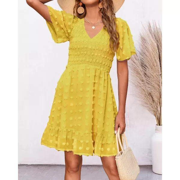 BTFBM Womens V Neck Smocked Short Sleeve Casual Dress Swiss Dot Swing Flowy Ruffle Hem Mini Beach Summer Dresses 2024Swiss Dot Yellow