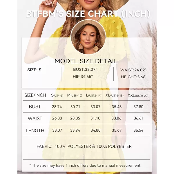 BTFBM Womens V Neck Smocked Short Sleeve Casual Dress Swiss Dot Swing Flowy Ruffle Hem Mini Beach Summer Dresses 2024Swiss Dot Yellow