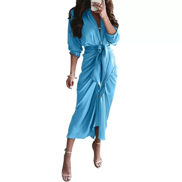 BTFBM Women Long Sleeve Satin Dress 2024 Summer Fall Lapel V Neck Button Down Belted Elegant Ruched Maxi Shirt DressesSolid Aqua Blue