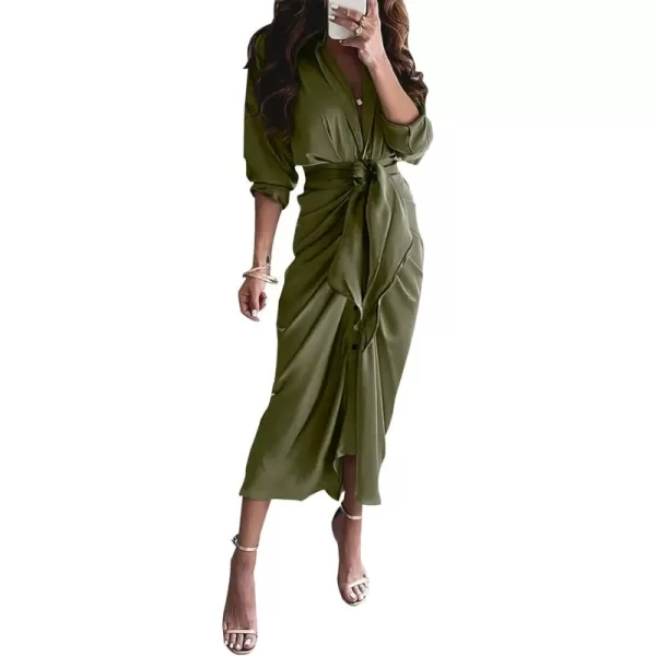 BTFBM Women Long Sleeve Satin Dress 2024 Summer Fall Lapel V Neck Button Down Belted Elegant Ruched Maxi Shirt DressesSolid Army Green
