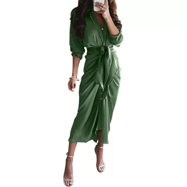 BTFBM Women Long Sleeve Satin Dress 2024 Summer Fall Lapel V Neck Button Down Belted Elegant Ruched Maxi Shirt DressesSolid Dark Army Green