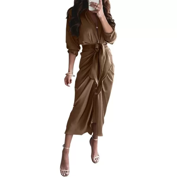 BTFBM Women Long Sleeve Satin Dress 2024 Summer Fall Lapel V Neck Button Down Belted Elegant Ruched Maxi Shirt DressesSolid Dark Brown