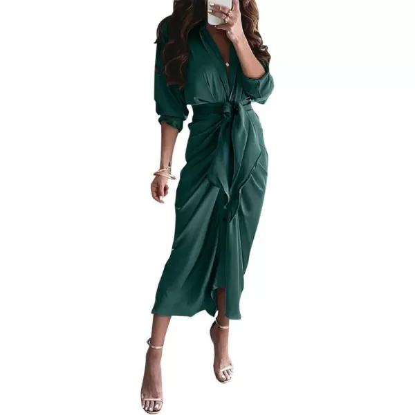 BTFBM Women Long Sleeve Satin Dress 2024 Summer Fall Lapel V Neck Button Down Belted Elegant Ruched Maxi Shirt DressesSolid Dark Green
