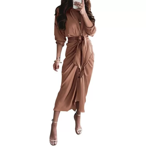 BTFBM Women Long Sleeve Satin Dress 2024 Summer Fall Lapel V Neck Button Down Belted Elegant Ruched Maxi Shirt DressesSolid Dark Khaki