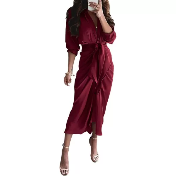 BTFBM Women Long Sleeve Satin Dress 2024 Summer Fall Lapel V Neck Button Down Belted Elegant Ruched Maxi Shirt DressesSolid Dark Wine Red