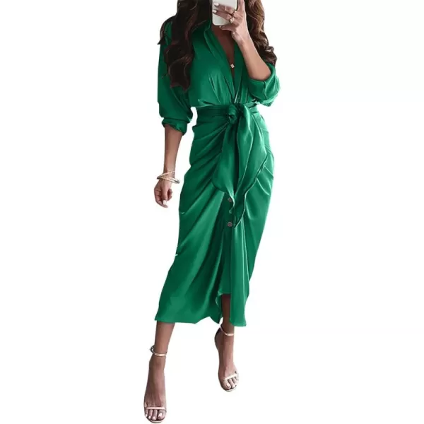 BTFBM Women Long Sleeve Satin Dress 2024 Summer Fall Lapel V Neck Button Down Belted Elegant Ruched Maxi Shirt DressesSolid Deep Green