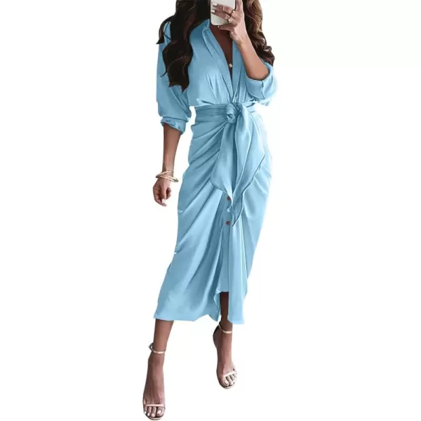 BTFBM Women Long Sleeve Satin Dress 2024 Summer Fall Lapel V Neck Button Down Belted Elegant Ruched Maxi Shirt DressesSolid Light Blue