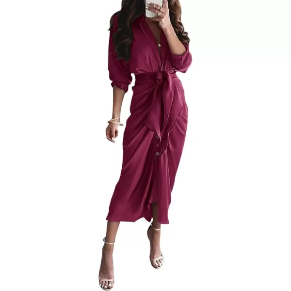 BTFBM Women Long Sleeve Satin Dress 2024 Summer Fall Lapel V Neck Button Down Belted Elegant Ruched Maxi Shirt DressesSolid Purple Red