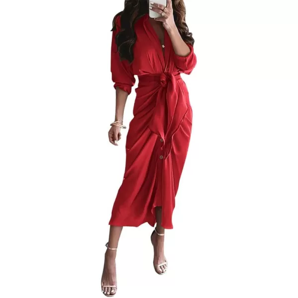 BTFBM Women Long Sleeve Satin Dress 2024 Summer Fall Lapel V Neck Button Down Belted Elegant Ruched Maxi Shirt DressesSolid Red