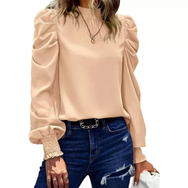 BTFBM Women Satin Puff Long Sleeve Blouses Mock Neck Shirts Business Casual Tops Work Dressy Blouse 2024 Fall ClothesSolid Apricot