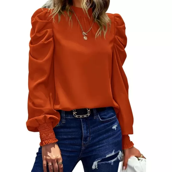BTFBM Women Satin Puff Long Sleeve Blouses Mock Neck Shirts Business Casual Tops Work Dressy Blouse 2024 Fall ClothesSolid Brick Red