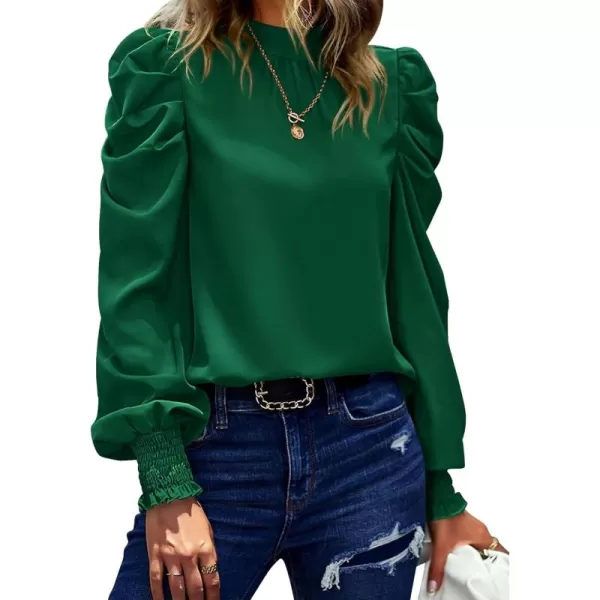 BTFBM Women Satin Puff Long Sleeve Blouses Mock Neck Shirts Business Casual Tops Work Dressy Blouse 2024 Fall ClothesSolid Dark Green