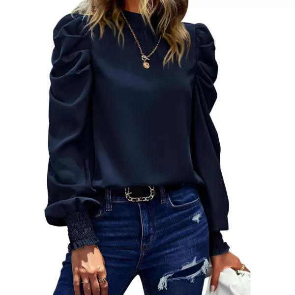 BTFBM Women Satin Puff Long Sleeve Blouses Mock Neck Shirts Business Casual Tops Work Dressy Blouse 2024 Fall ClothesSolid Navy