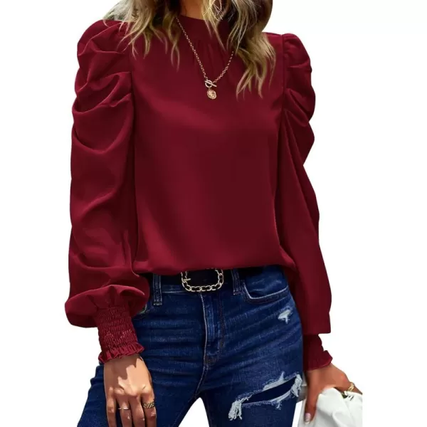 BTFBM Women Satin Puff Long Sleeve Blouses Mock Neck Shirts Business Casual Tops Work Dressy Blouse 2024 Fall ClothesSolid Wine Red