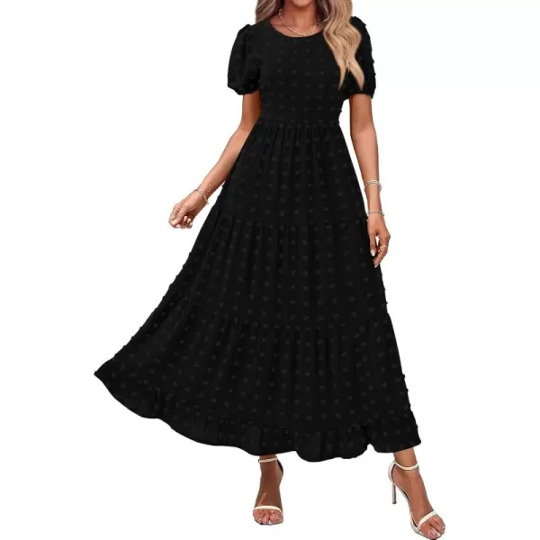 BTFBM Women Summer Boho Maxi Dress Casual Short Sleeve Swiss Dot A Line Ruffle Tiered Flowy Long Dresses with PocketSwiss Dot Black