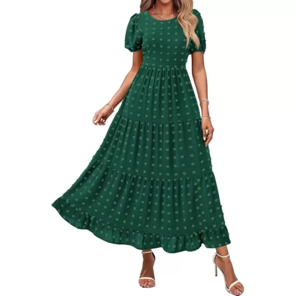 BTFBM Women Summer Boho Maxi Dress Casual Short Sleeve Swiss Dot A Line Ruffle Tiered Flowy Long Dresses with PocketSwiss Dot Dark Green