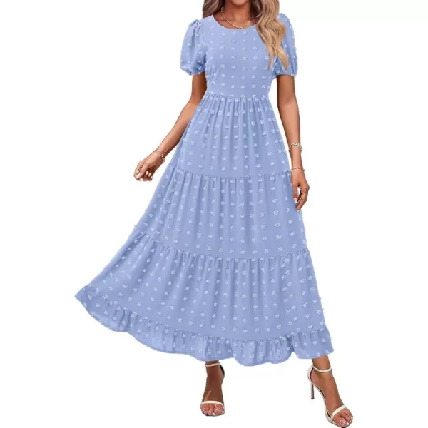 BTFBM Women Summer Boho Maxi Dress Casual Short Sleeve Swiss Dot A Line Ruffle Tiered Flowy Long Dresses with PocketSwiss Dot Light Blue