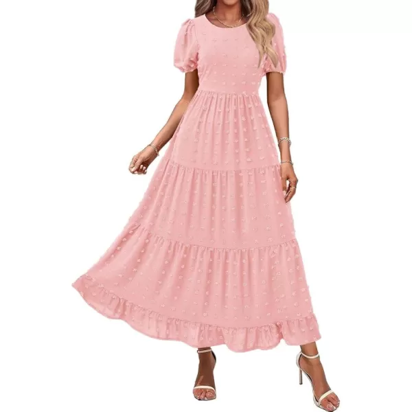 BTFBM Women Summer Boho Maxi Dress Casual Short Sleeve Swiss Dot A Line Ruffle Tiered Flowy Long Dresses with PocketSwiss Dot Pink