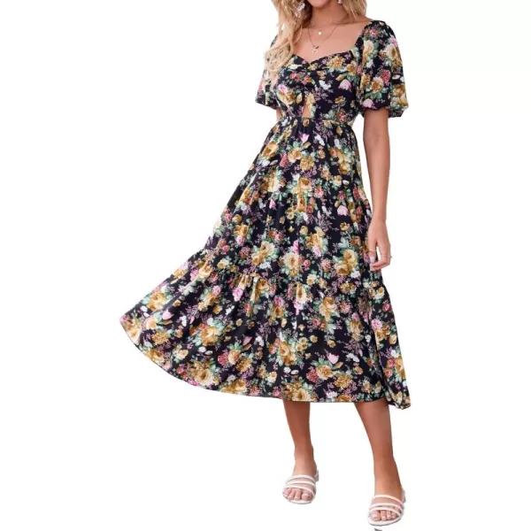 BTFBM Women Summer Dresses 2024 Casual Flowy Beach Square Neck Puff Short Sleeve Smocked Back Boho Floral Long Maxi DressFloral Black Yellow