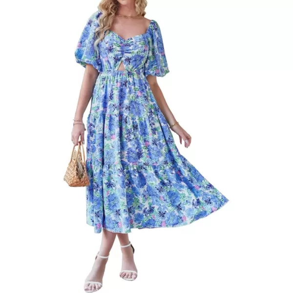 BTFBM Women Summer Dresses 2024 Casual Flowy Beach Square Neck Puff Short Sleeve Smocked Back Boho Floral Long Maxi DressFloral Blue