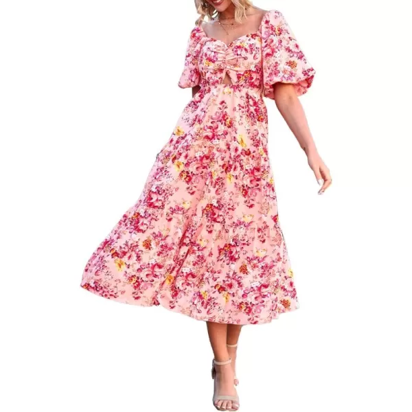 BTFBM Women Summer Dresses 2024 Casual Flowy Beach Square Neck Puff Short Sleeve Smocked Back Boho Floral Long Maxi DressFloral Pink Red