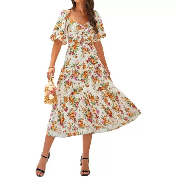 BTFBM Women Summer Dresses 2024 Casual Flowy Beach Square Neck Puff Short Sleeve Smocked Back Boho Floral Long Maxi DressFloral White Orange